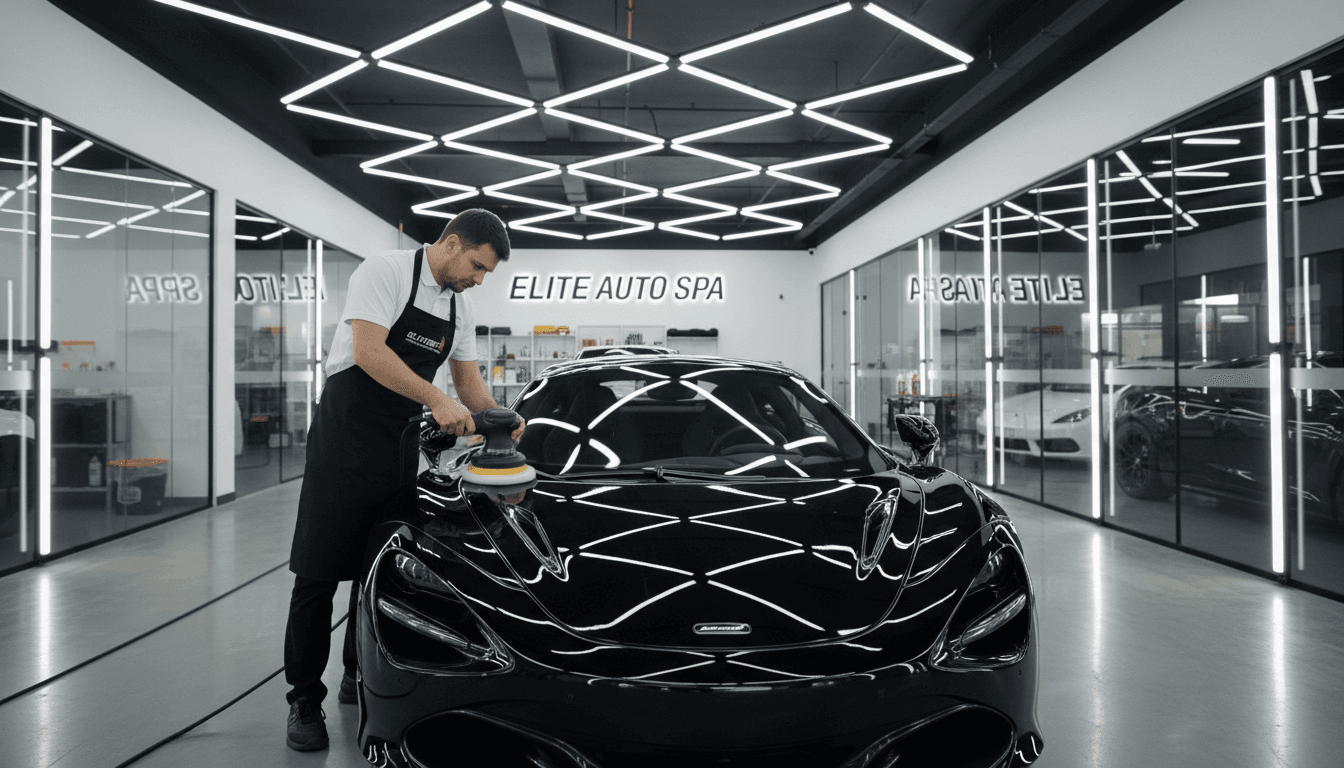 Professional detailer polishing a vehicle at Exclusive Hand Car Wash Pearland