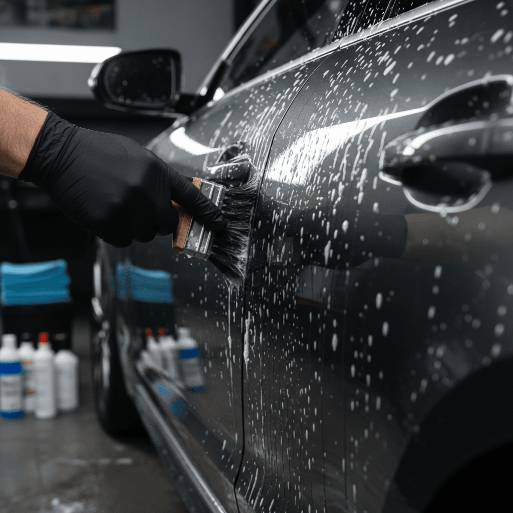 Professional hand washing a luxury vehicle with meticulous attention to detail