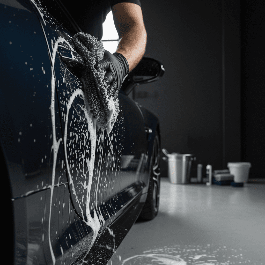 Professional detailer carefully hand washing a car with premium products