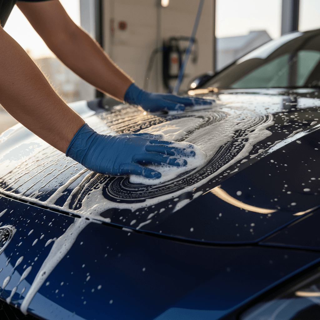 Professional hand washing a vehicle at Exclusive Hand Car Wash Pearland